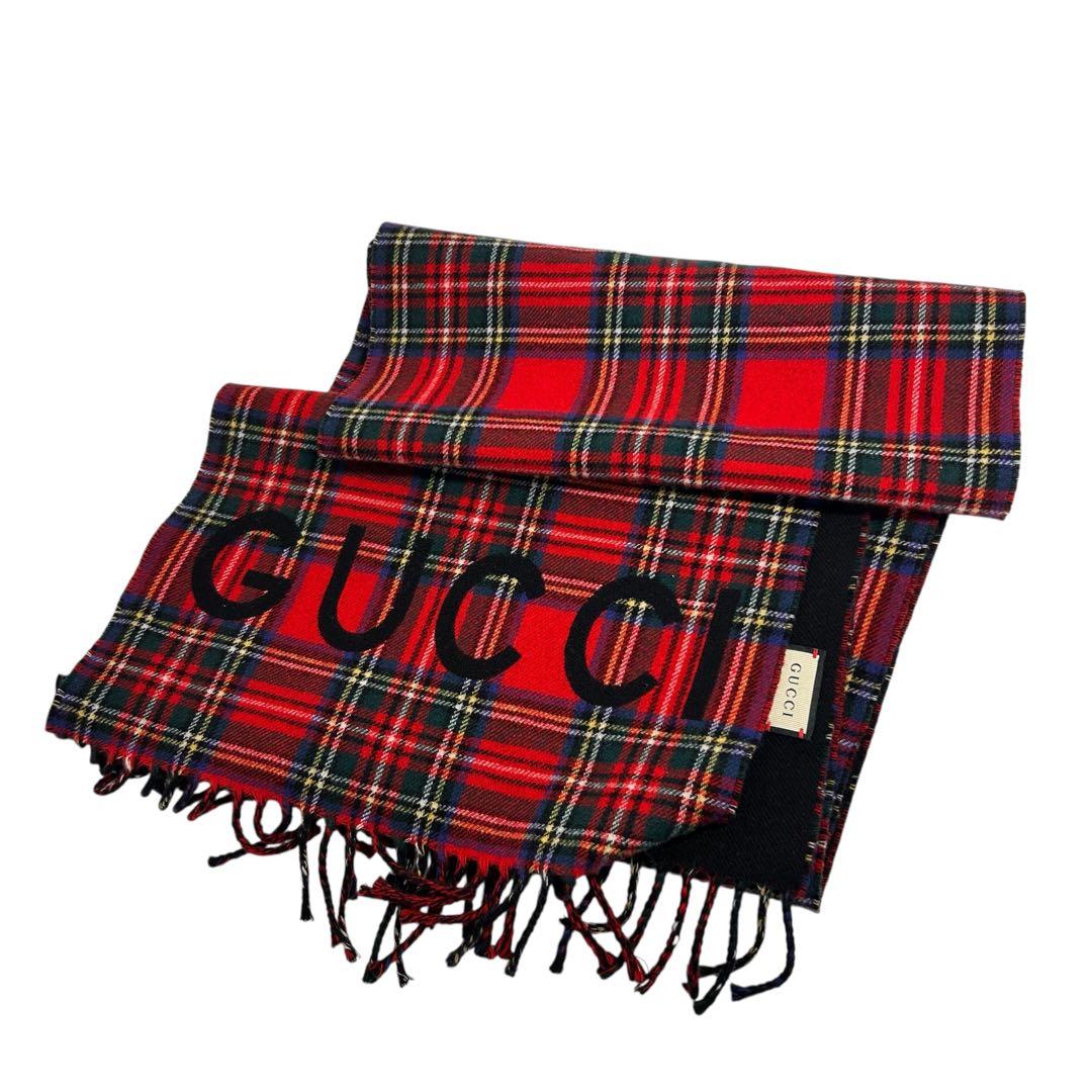 ピ*ー様 71637 GUCCI レッドチェック リバーシブルマフラー　ブラック