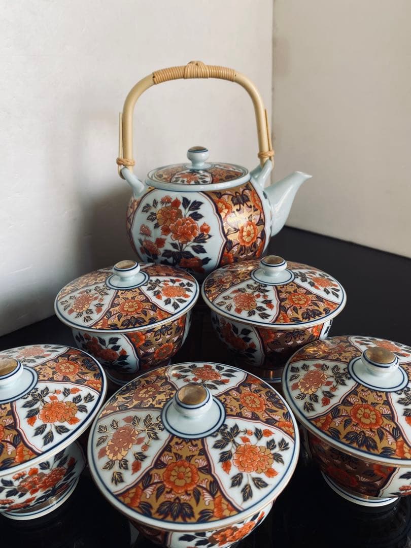 未使用◆有田焼 清兵衛 古伊万里紋様 蓋付茶器揃え 金彩 急須 湯呑み5客セット