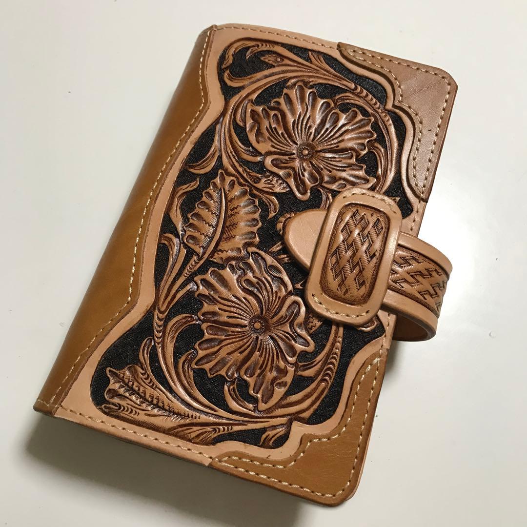 牛ヌメ革カービング　バイブルサイズシステム手帳