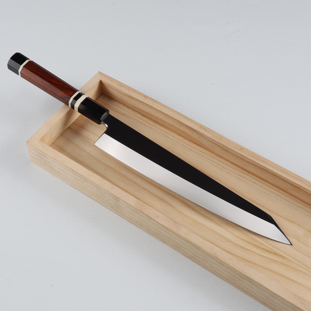 7487梵静刃物9寸勘所牛刀 片刃 ウルトラ鏡面仕上げ 黄檀黒水牛白三本巻八角柄