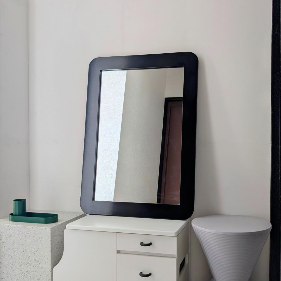 角丸フレーム ブラック ウォールミラー 立て掛け鏡 ビンテージ スペースエイジ