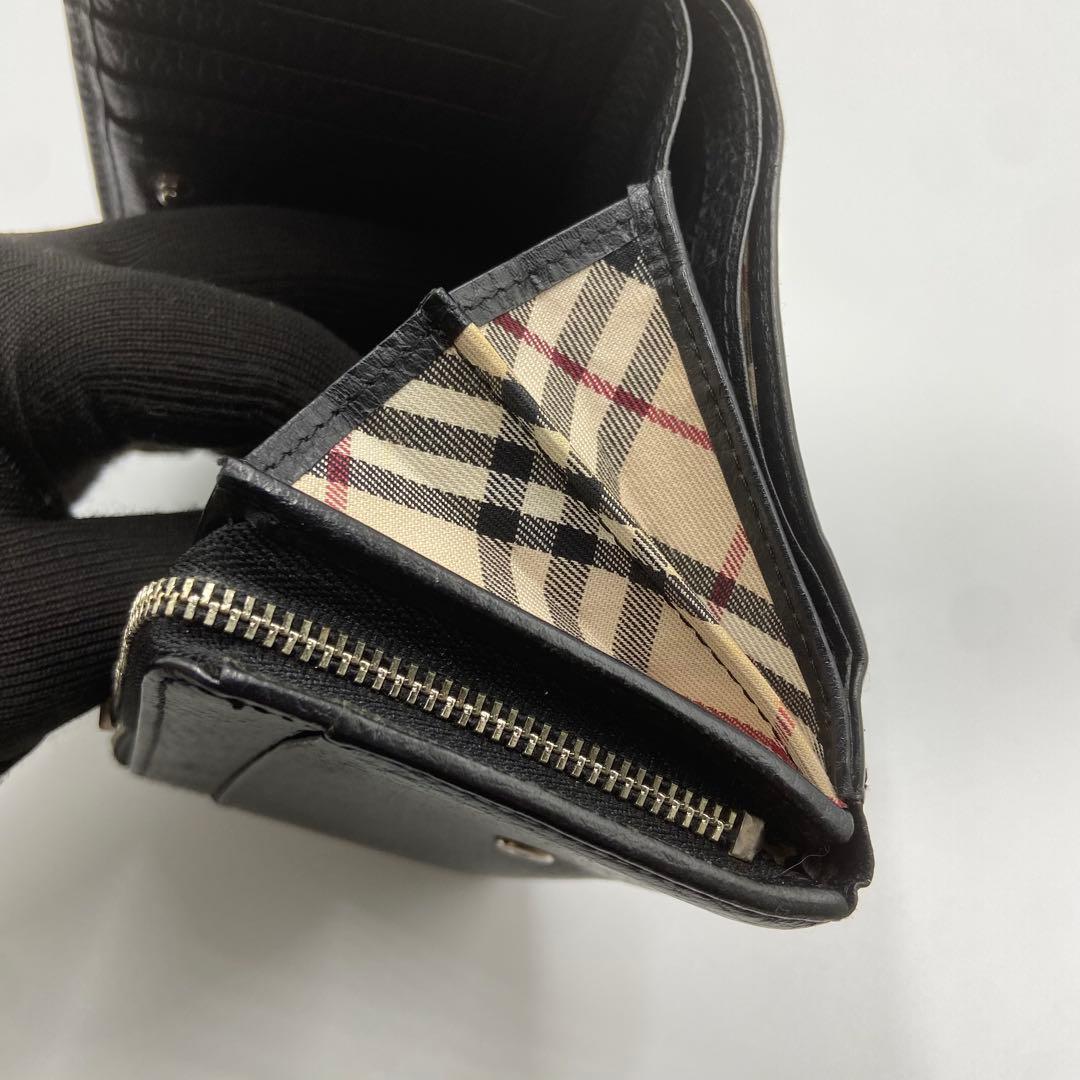 BURBERRY バーバリー　折り財布　ロゴ刻印　ノバチェック　レザー　ブラック