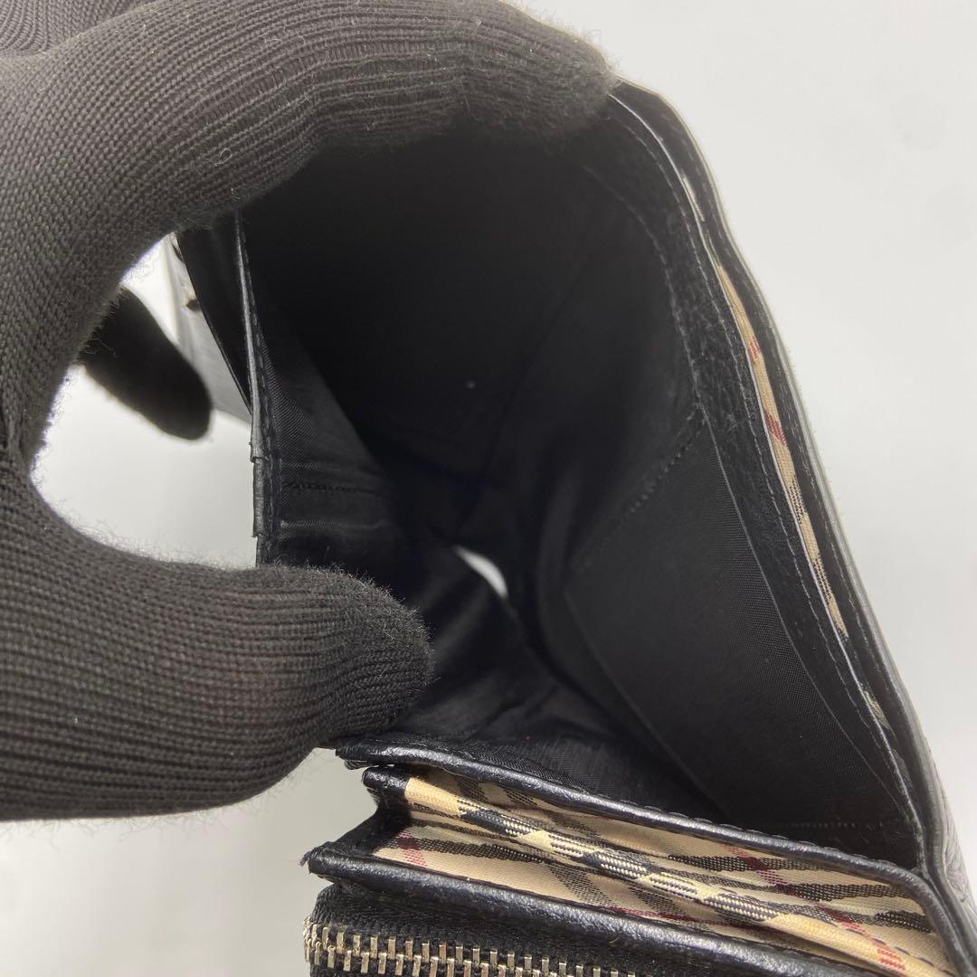BURBERRY バーバリー　折り財布　ロゴ刻印　ノバチェック　レザー　ブラック
