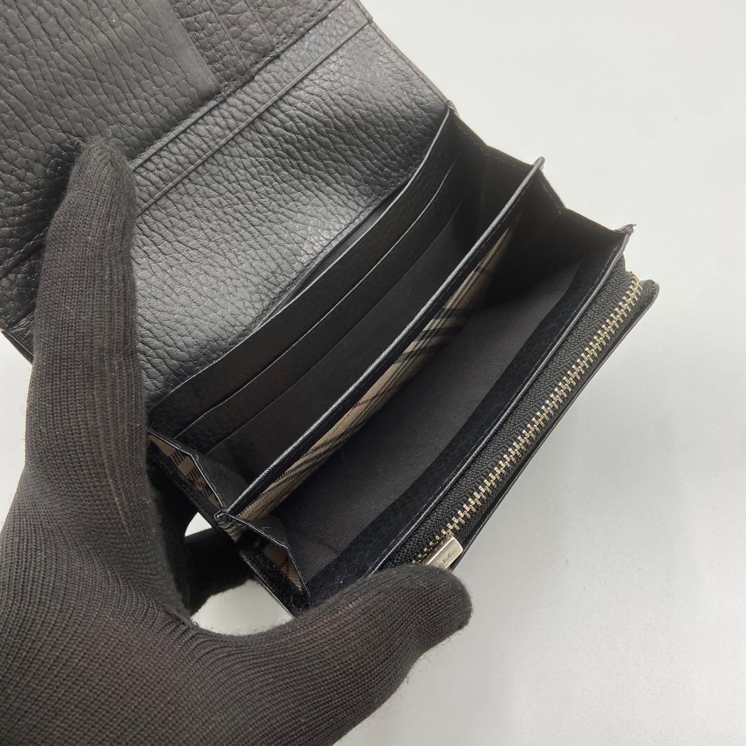 BURBERRY バーバリー　折り財布　ロゴ刻印　ノバチェック　レザー　ブラック