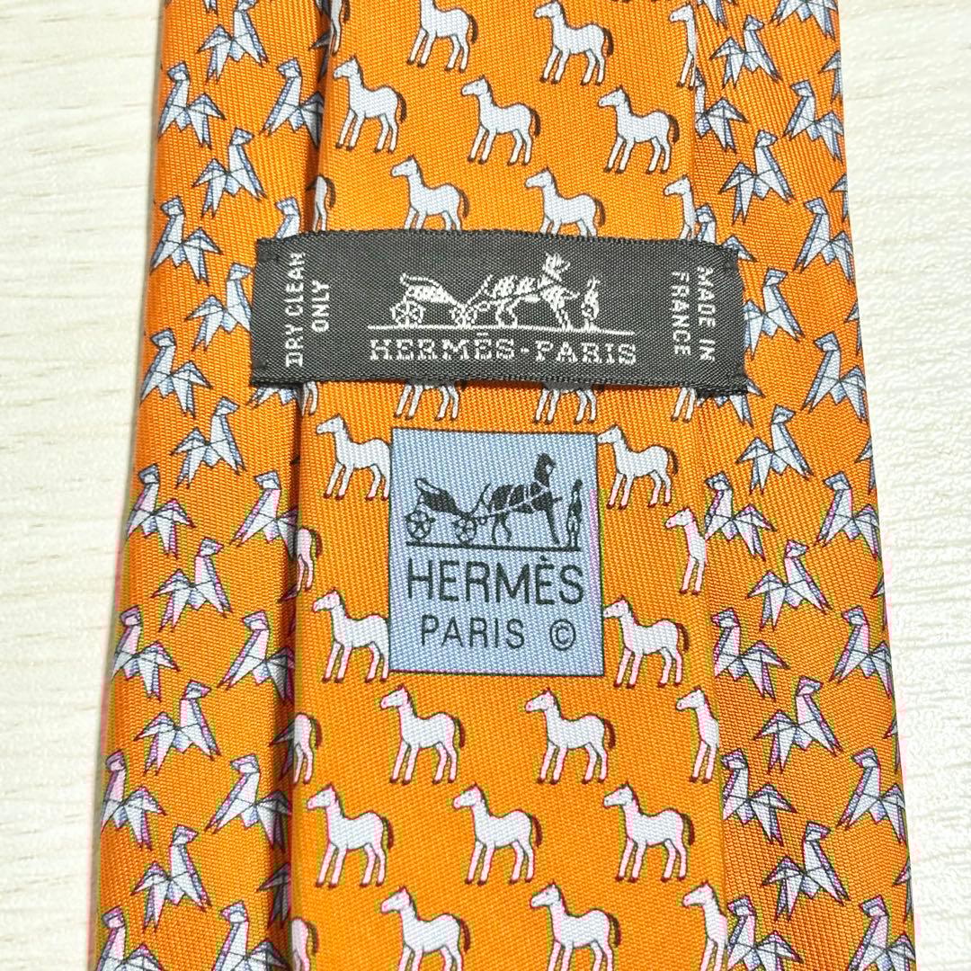 HERMES エルメス オレンジ かわいい 遊び心 折り紙 馬 シルク ネクタイ