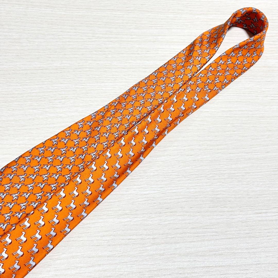 HERMES エルメス オレンジ かわいい 遊び心 折り紙 馬 シルク ネクタイ