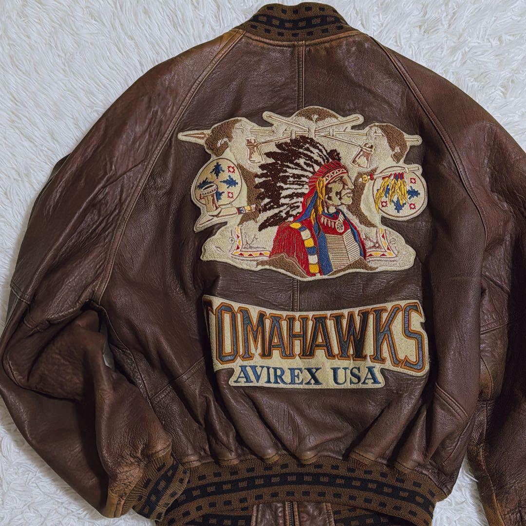 旧タグ ヴィンテージ AVIREX レザースタジャン トマホークス Lサイズ