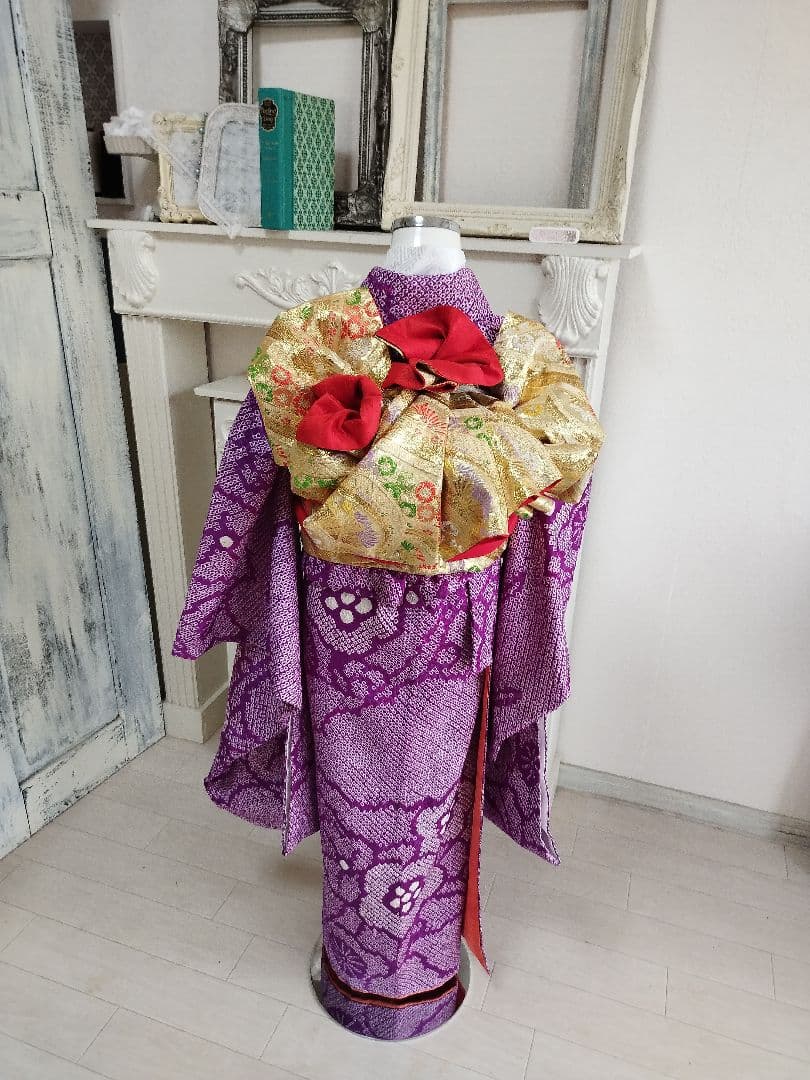 正絹　絞り紫の着物と金の袋帯セット　七五三