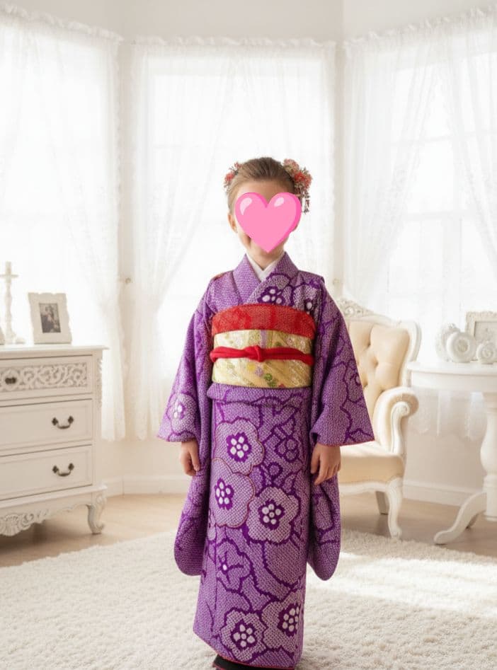 正絹　絞り紫の着物と金の袋帯セット　七五三