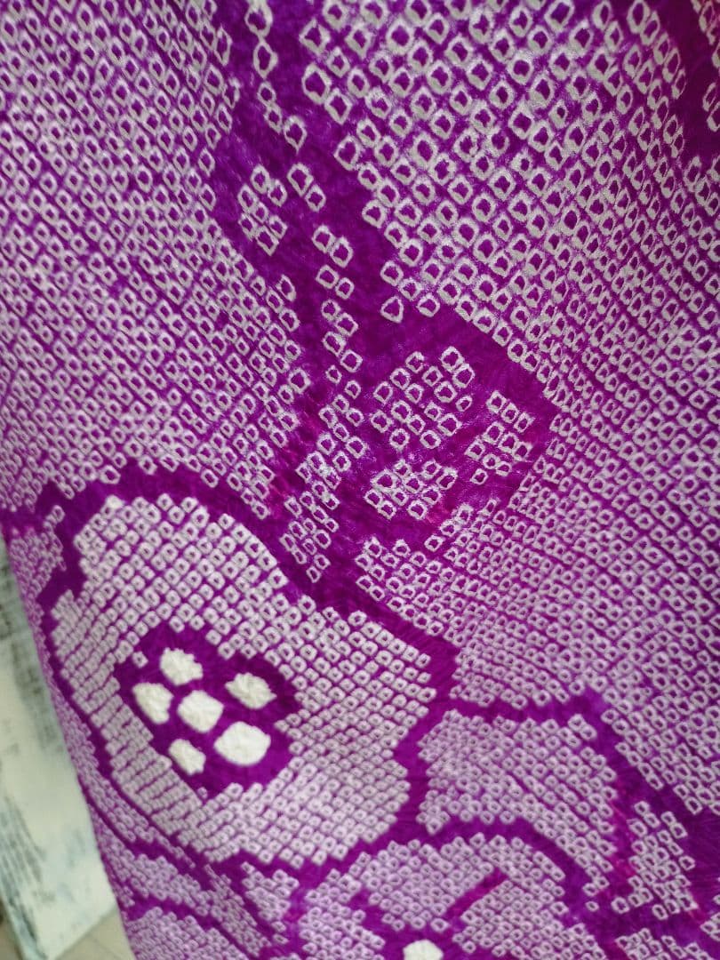 正絹　絞り紫の着物と金の袋帯セット　七五三