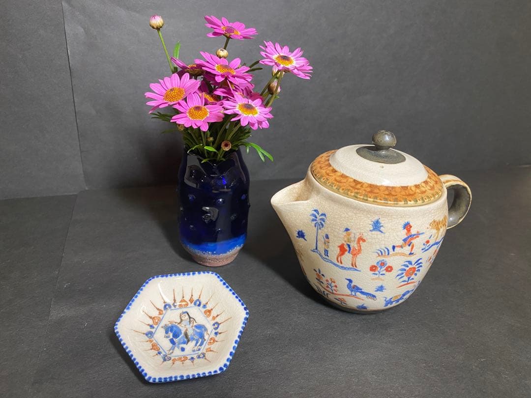 升たか 色絵百鹿紋 ポット小 ペルシャ柄小皿付