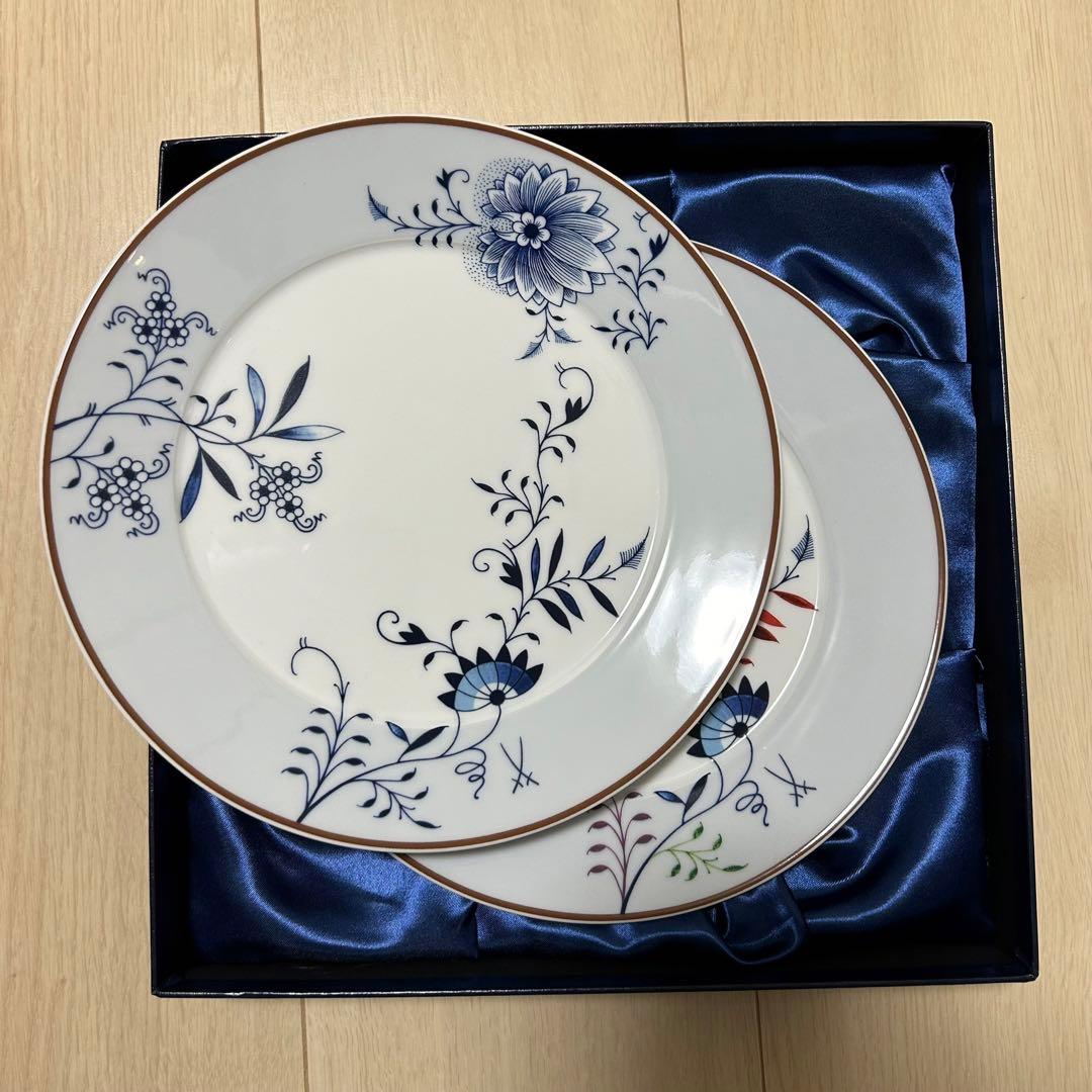 [激レア] マイセンお多福 100周年 ブルーオニオン 多彩 プレート 2枚 箱