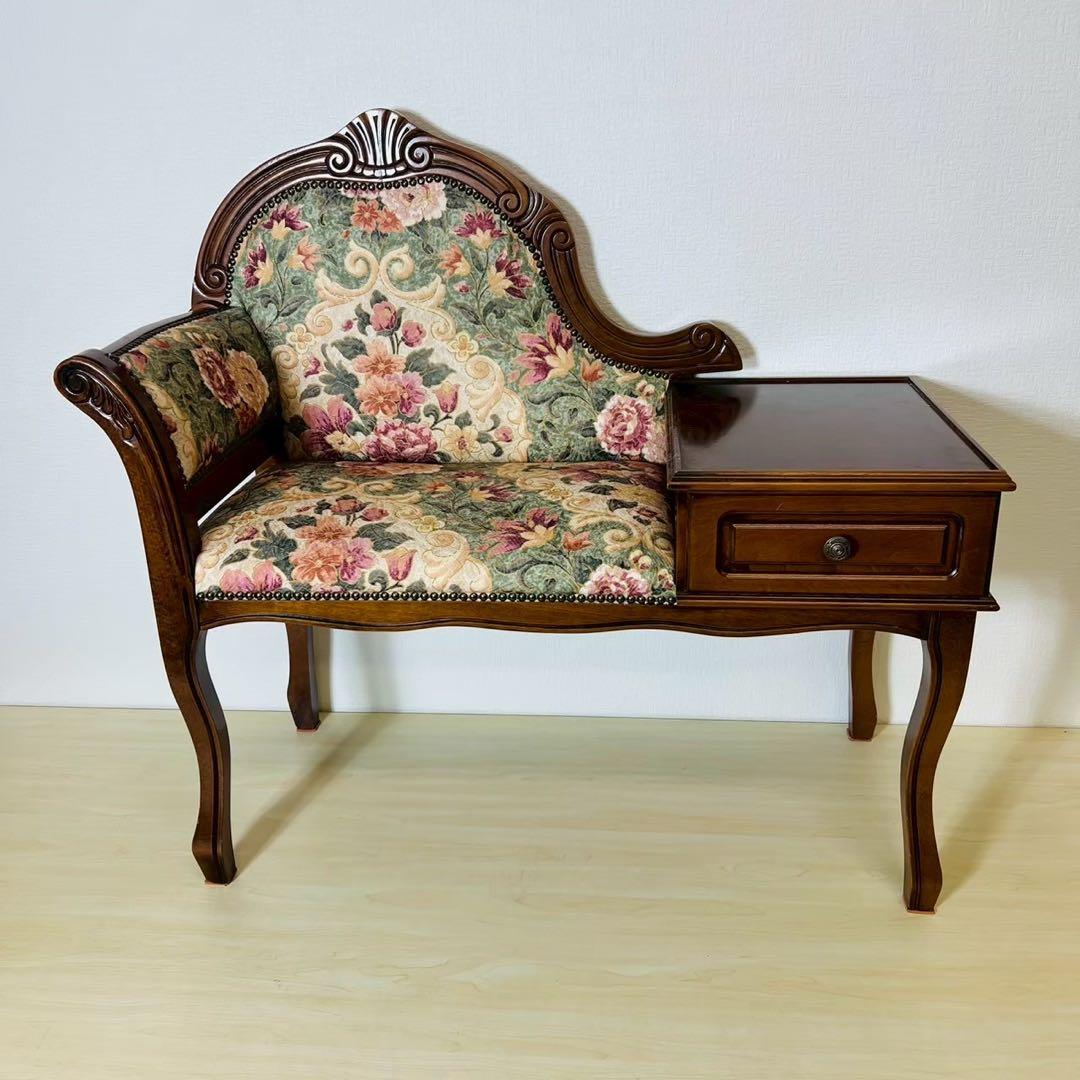 テレフォンベンチ テレフォンチェア 猫脚 猫足 サイドテーブル付き 椅子 木製