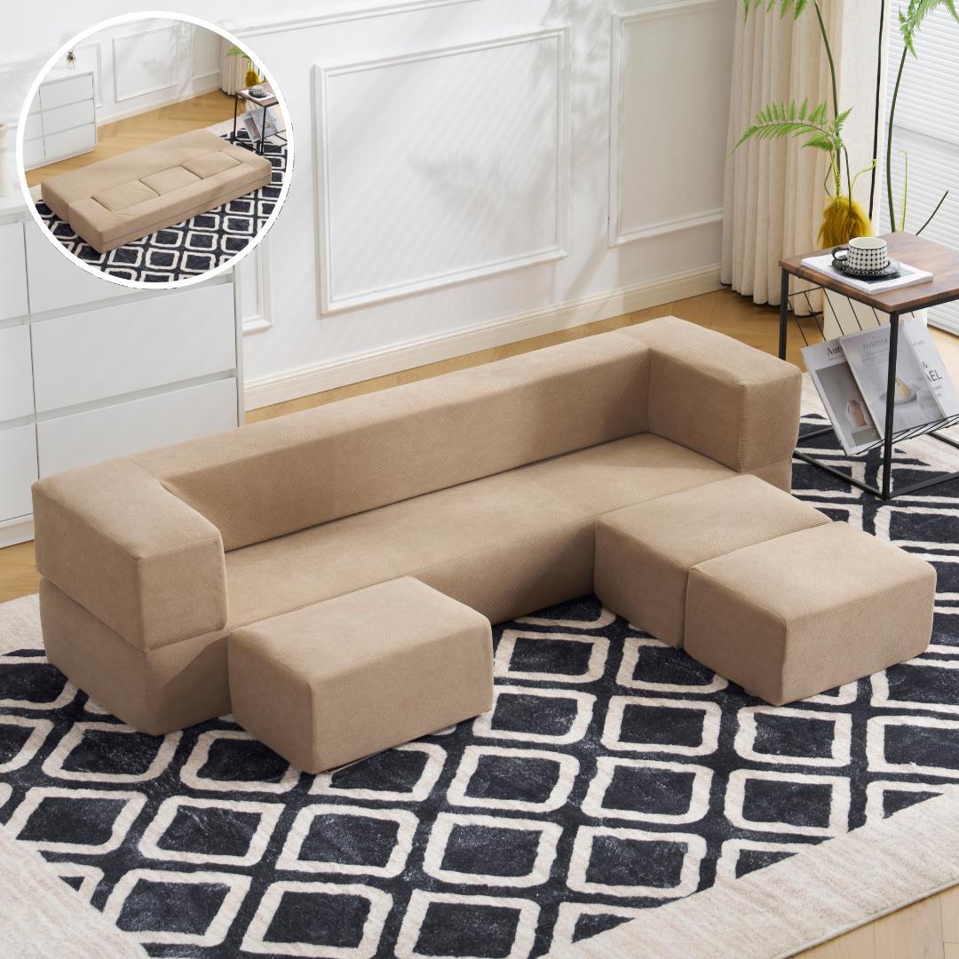 【ブラウン】ソファベッド 最大5人掛け 組立て不要 フロアソファ 軽いソファー