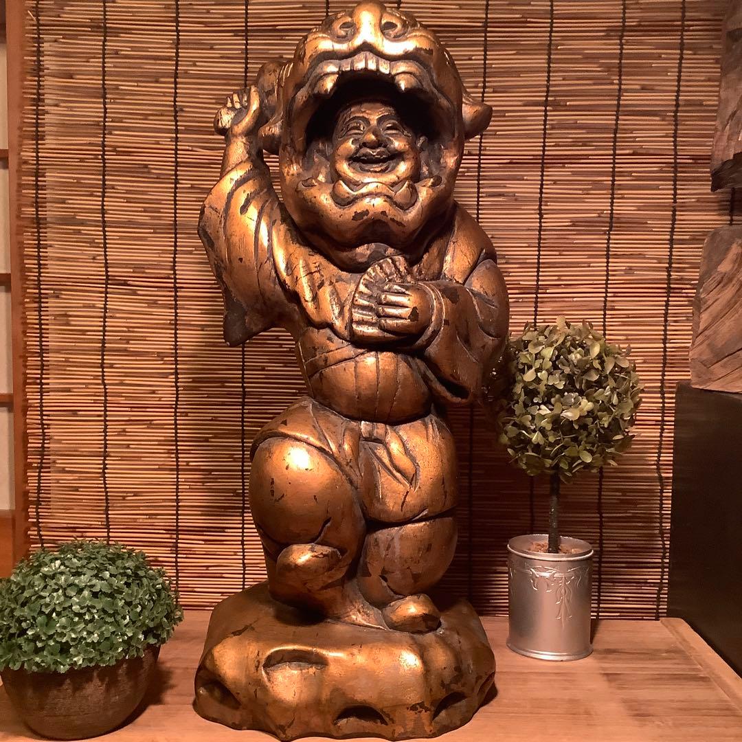 明治・伊勢大黒舞「獅子被大黒天」伊勢神宮・獅子頭・祝事・財福・特大金彩木彫・奉納