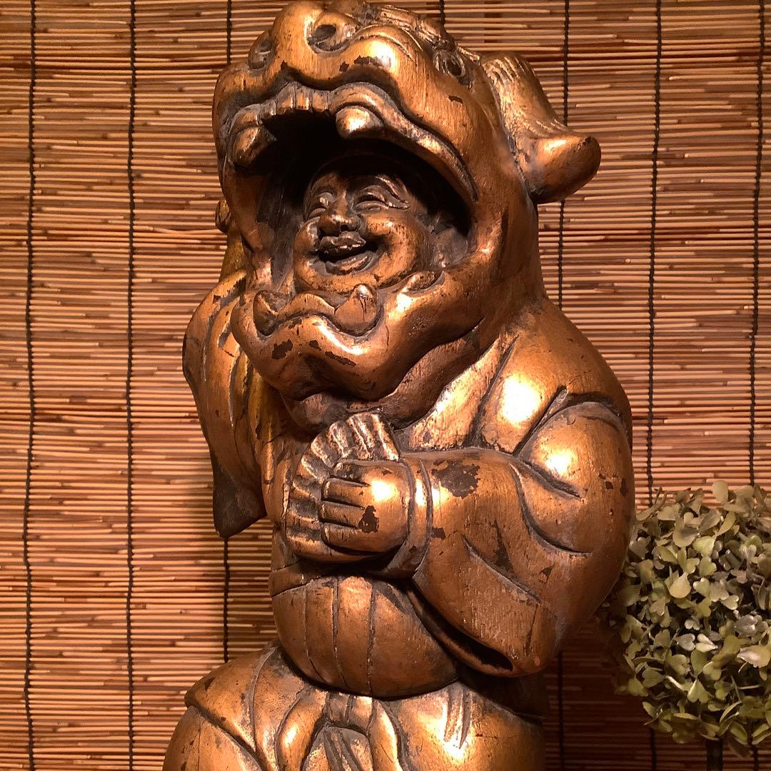 明治・伊勢大黒舞「獅子被大黒天」伊勢神宮・獅子頭・祝事・財福・特大金彩木彫・奉納