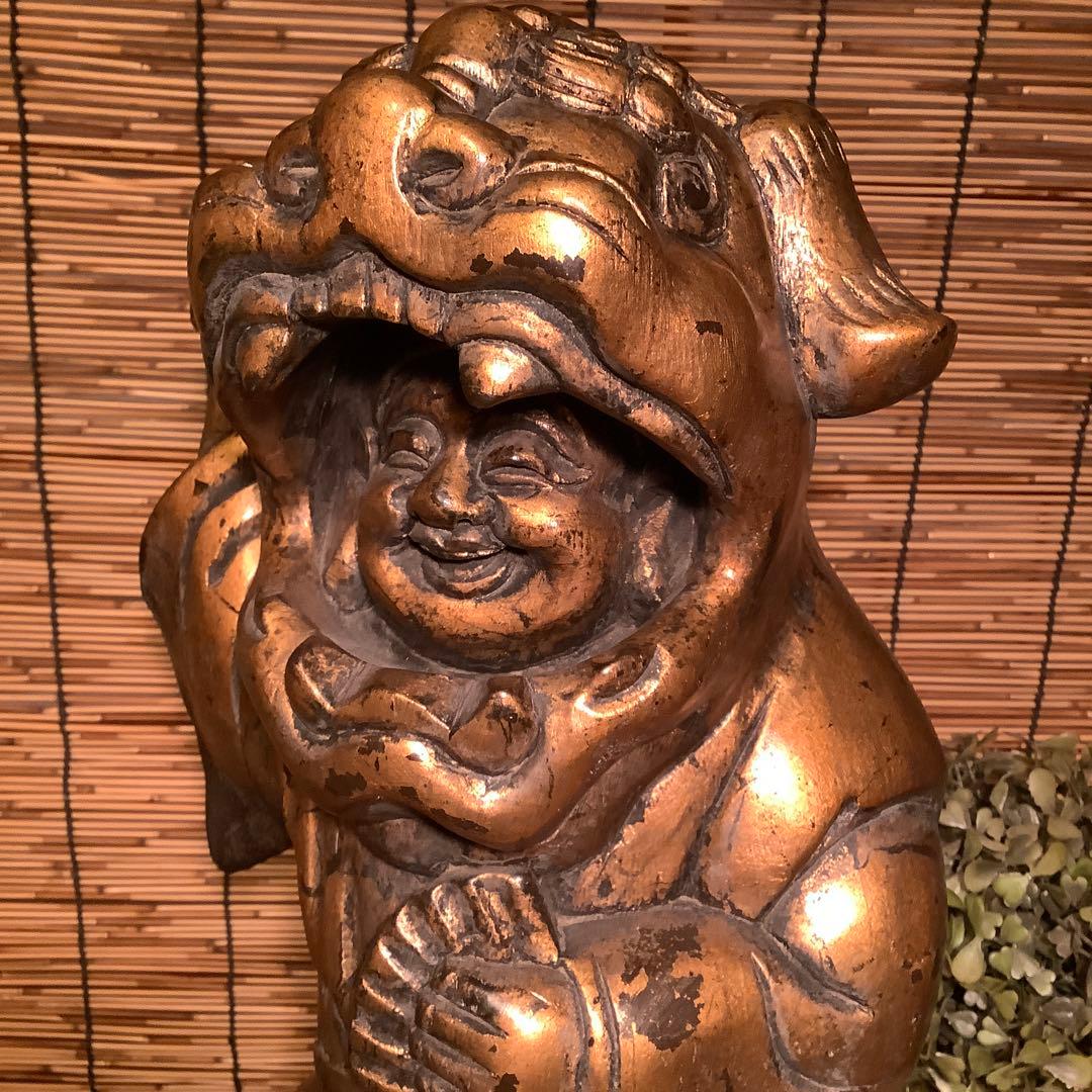 明治・伊勢大黒舞「獅子被大黒天」伊勢神宮・獅子頭・祝事・財福・特大金彩木彫・奉納