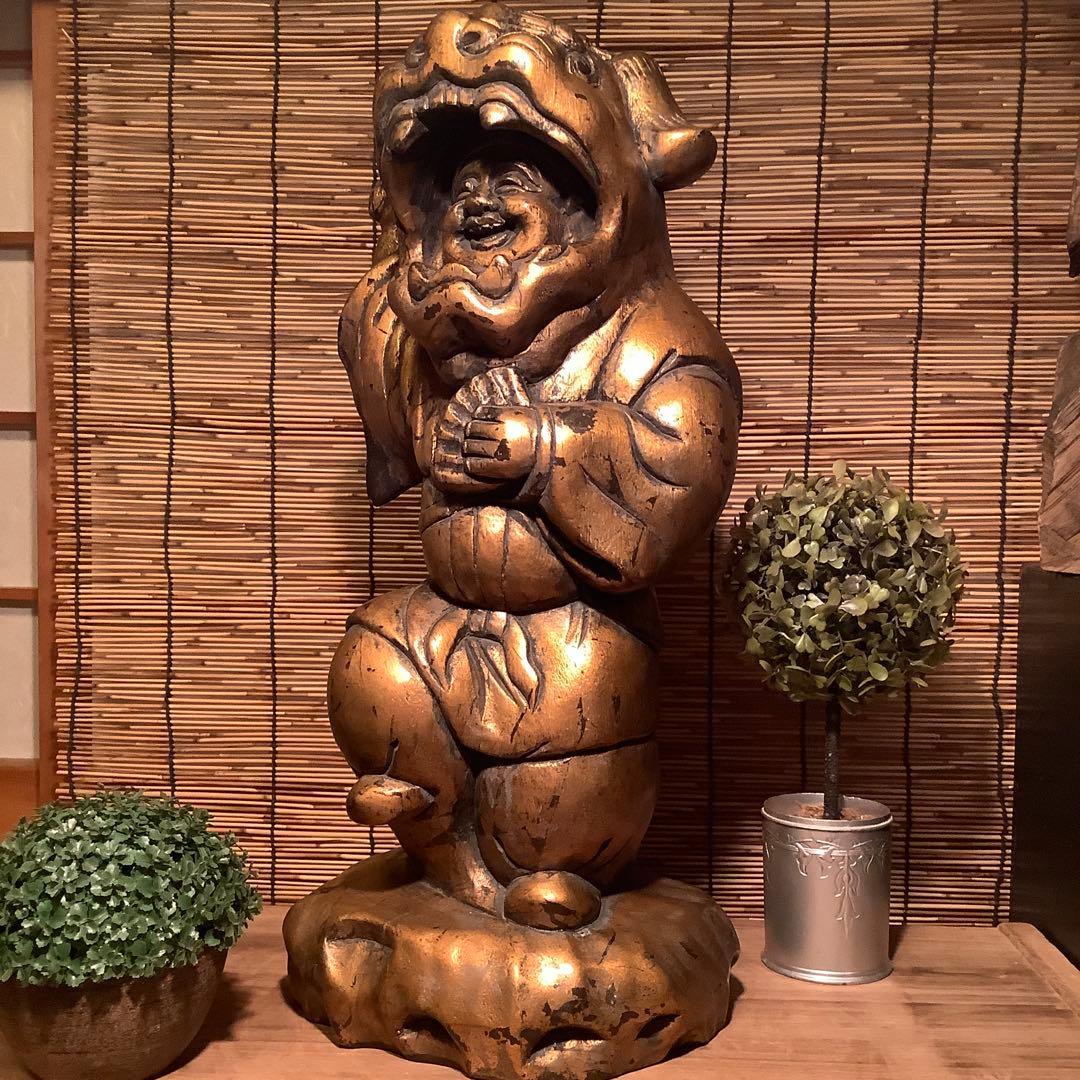 明治・伊勢大黒舞「獅子被大黒天」伊勢神宮・獅子頭・祝事・財福・特大金彩木彫・奉納