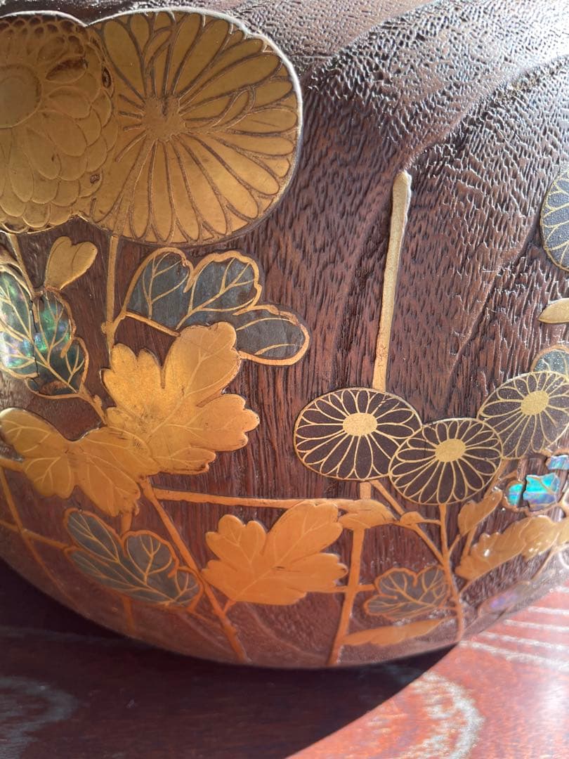 美品　時代　桐火鉢　秋草蒔絵 火鉢　螺鈿入り　茶道具　骨董品　木製火鉢　100年