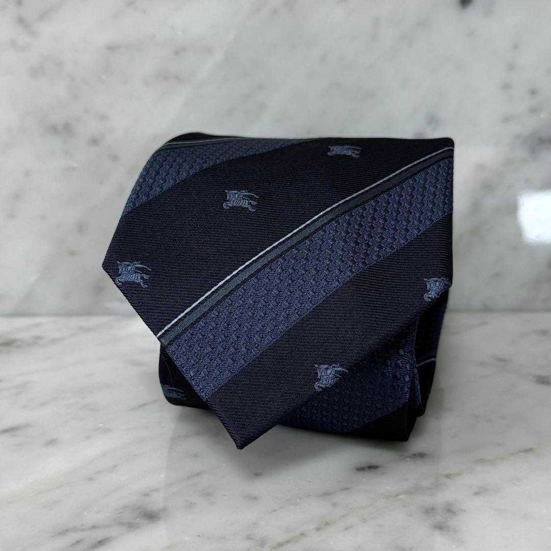 新品 未使用 BURBERRY バーバリー ネクタイ ネイビー ストライプ ロゴ