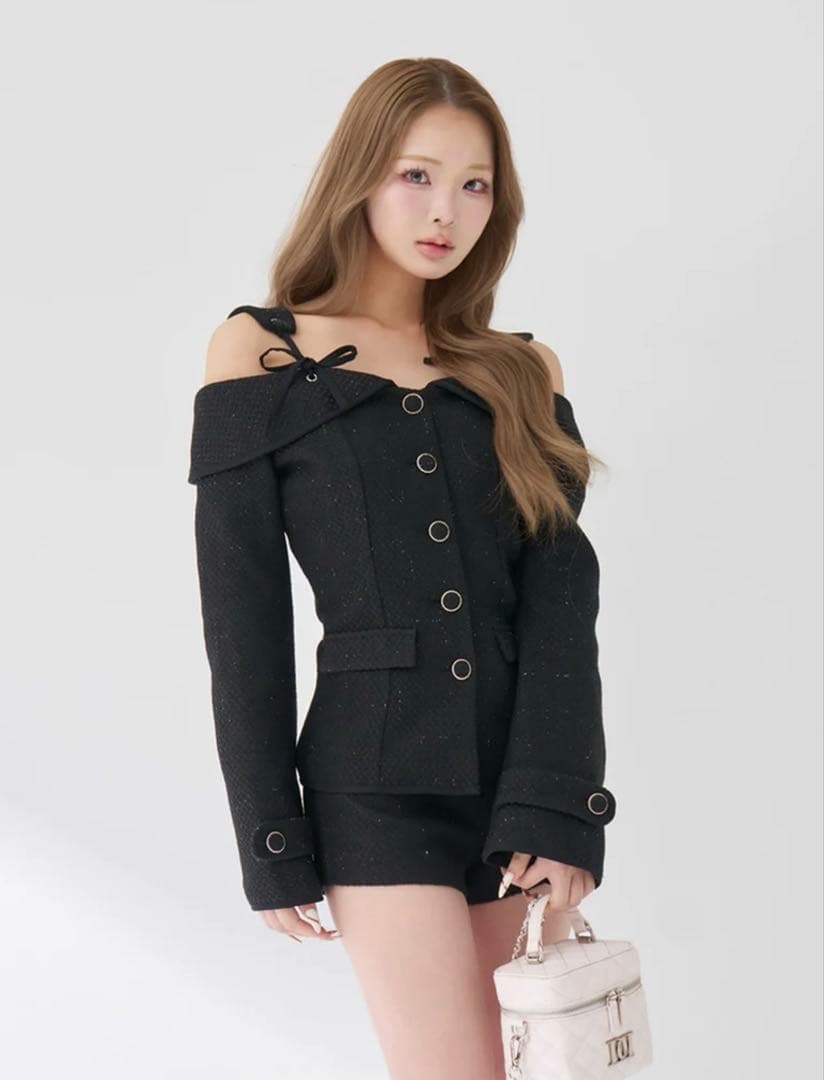 Darich ボンディングツイードオフショルチュニック ブラック