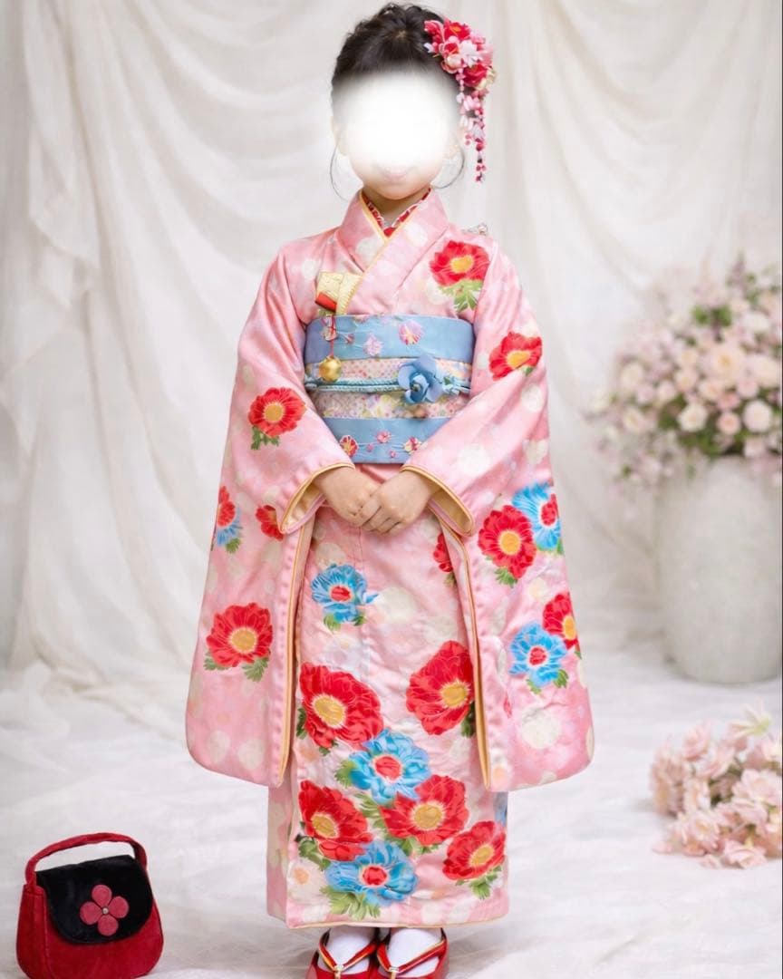 七五三　着物セット　7歳　ハーフ成人式　ブランド　ハッカキッズ　ピンク色　水色