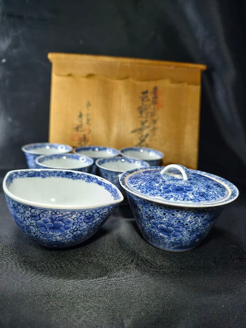 煎茶道具 京焼/清水焼 平安吉兆 染付薄手玉露茶器 手書き花文 共箱 舟型湯冷し