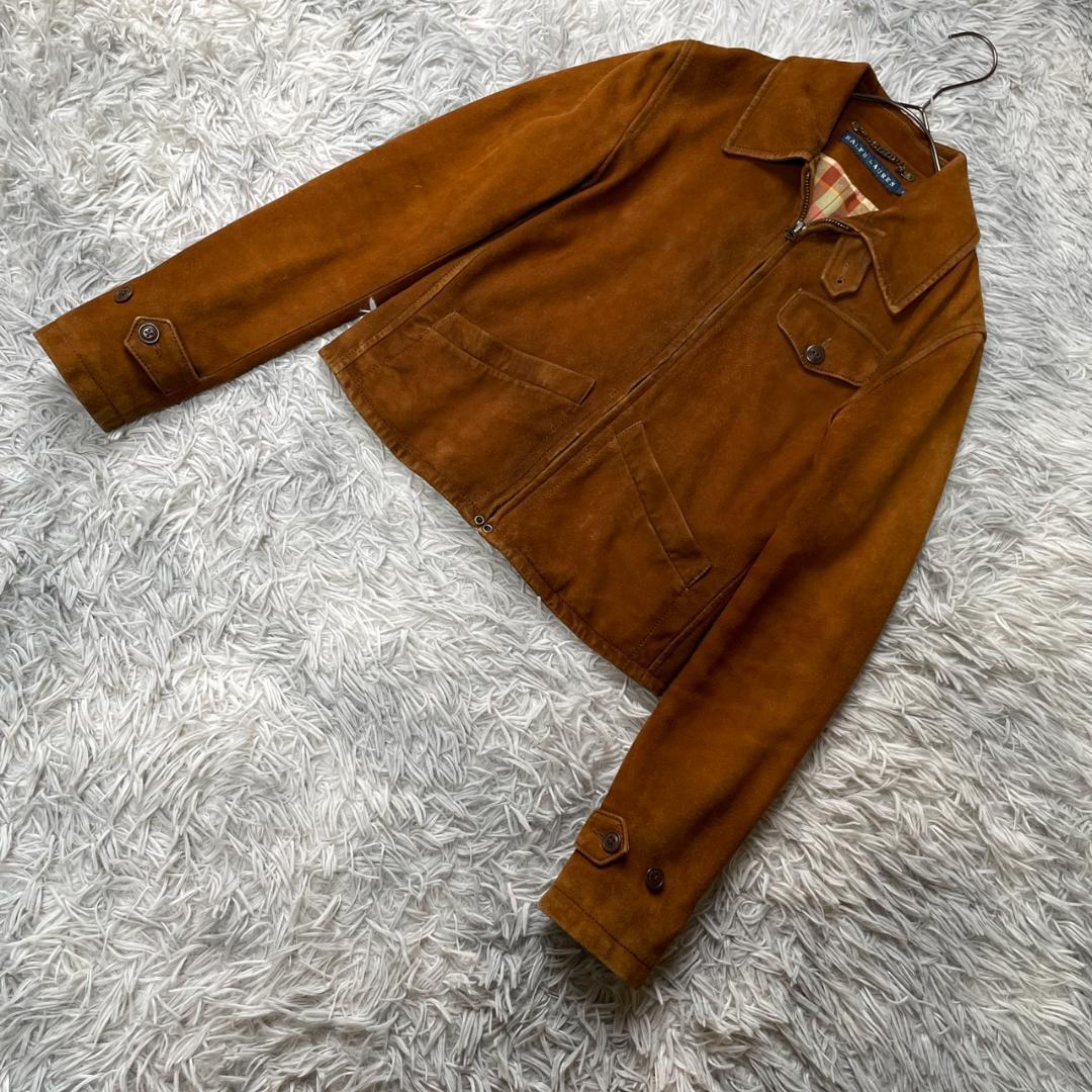 【美品】ラルフローレン 本革スエード レザージャケット S 茶 チェック裏地