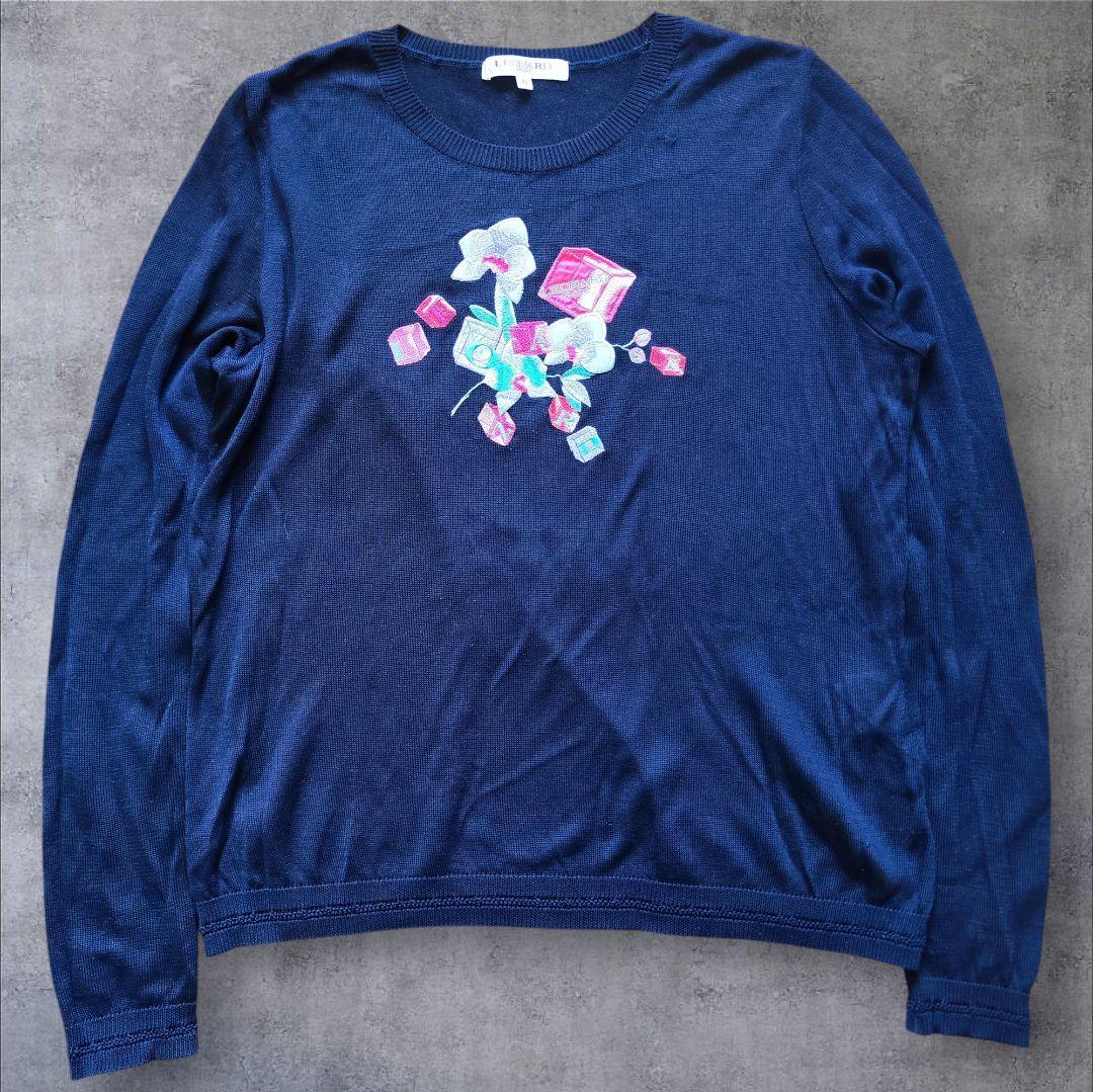 【 美品】LEONARD レオナール 花柄刺繍 薄手ニット ネイビー 42 XL