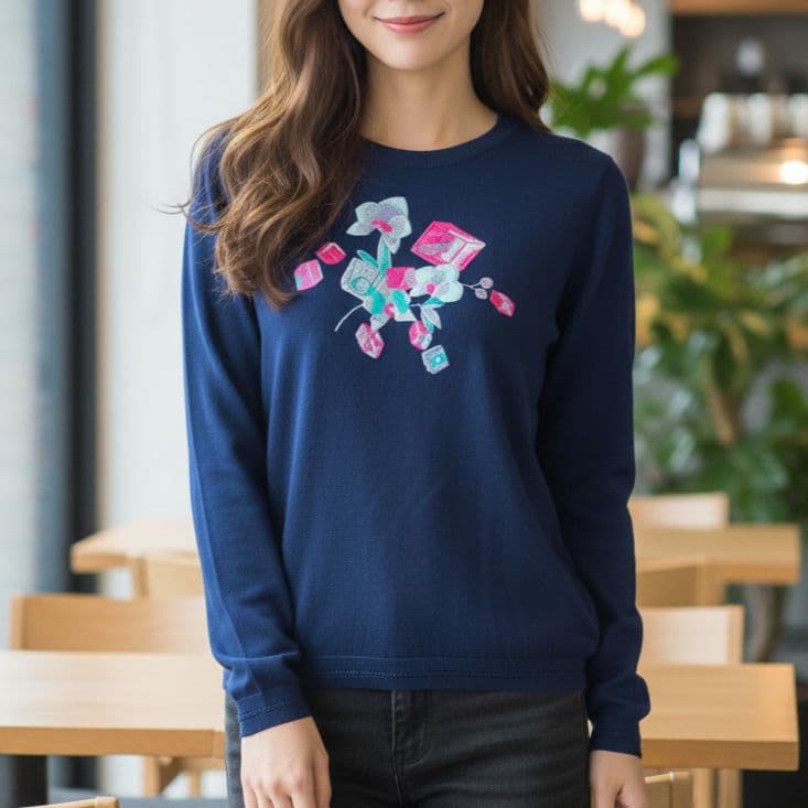 【 美品】LEONARD レオナール 花柄刺繍 薄手ニット ネイビー 42 XL