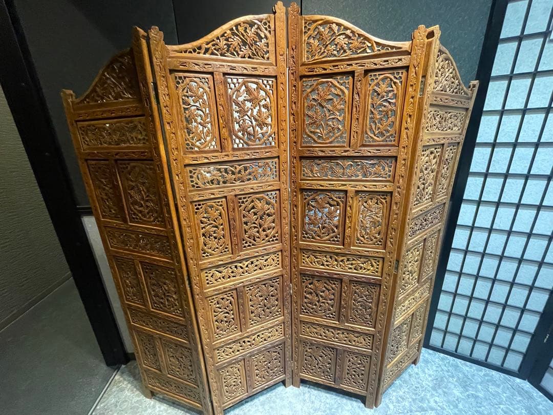 ★木製透かし彫り 4連パーテーションアジアン 衝立木製彫刻パーテーション