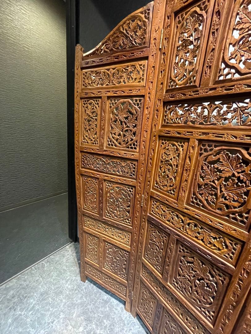 ★木製透かし彫り 4連パーテーションアジアン 衝立木製彫刻パーテーション