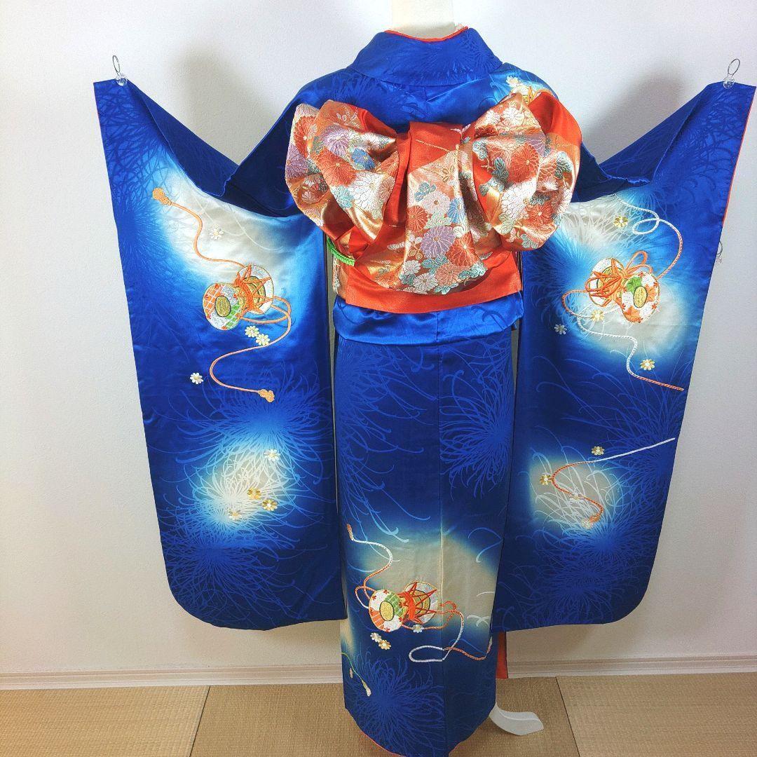 格安！　振袖フルセット　9点　成人式　結婚式　前撮り　青　ブルー　オレンジ