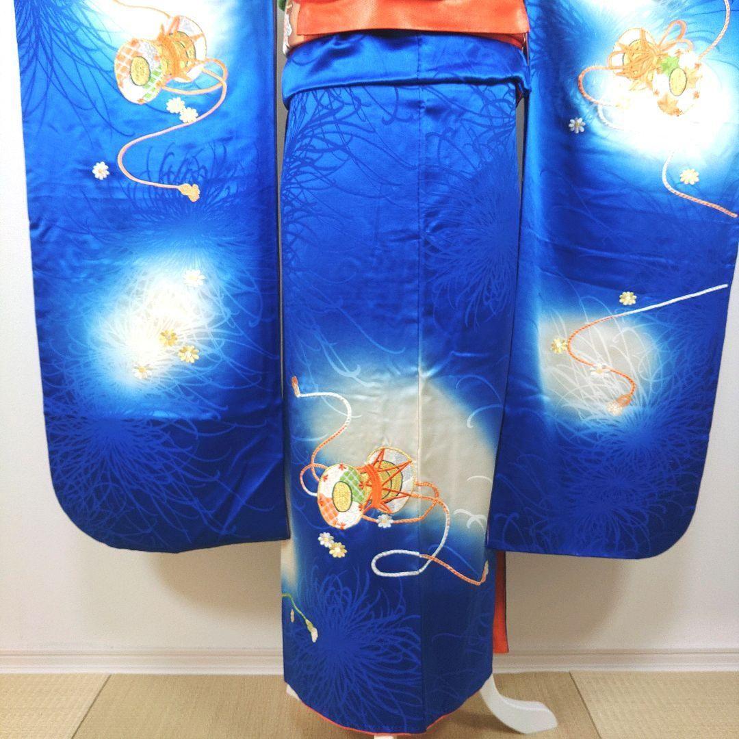 格安！　振袖フルセット　9点　成人式　結婚式　前撮り　青　ブルー　オレンジ