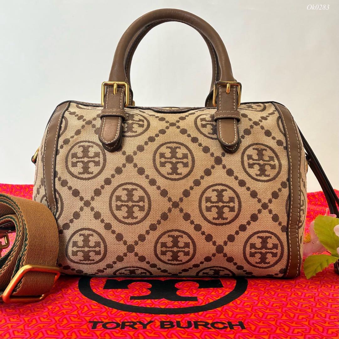 【美品】トリーバーチ Tモノグラム バレルバッグ 2way ショルダーバッグ 茶