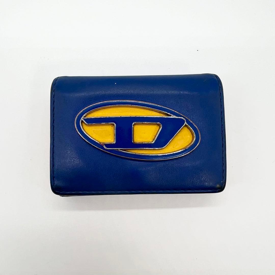 【希少✨完売品】ディーゼル　三つ折り財布　1DR　Dロゴ　レザー　ブルー　イエロ