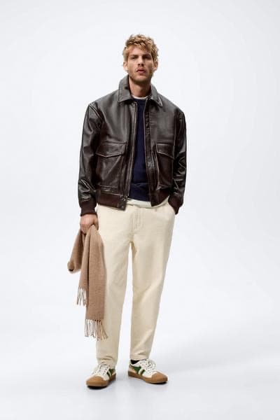 ZARA ダークブラウン メンズ レザー ボンバージャケット