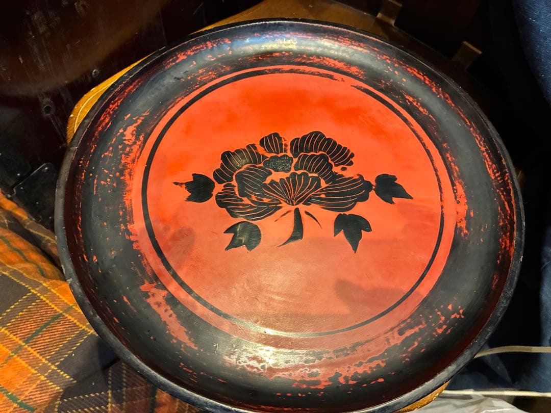 浄法寺塗　花文様　刳り貫き　足付き丸盆　丸膳　明治　木製