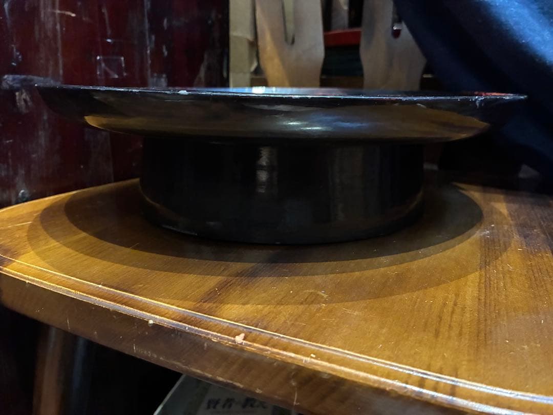 浄法寺塗　花文様　刳り貫き　足付き丸盆　丸膳　明治　木製