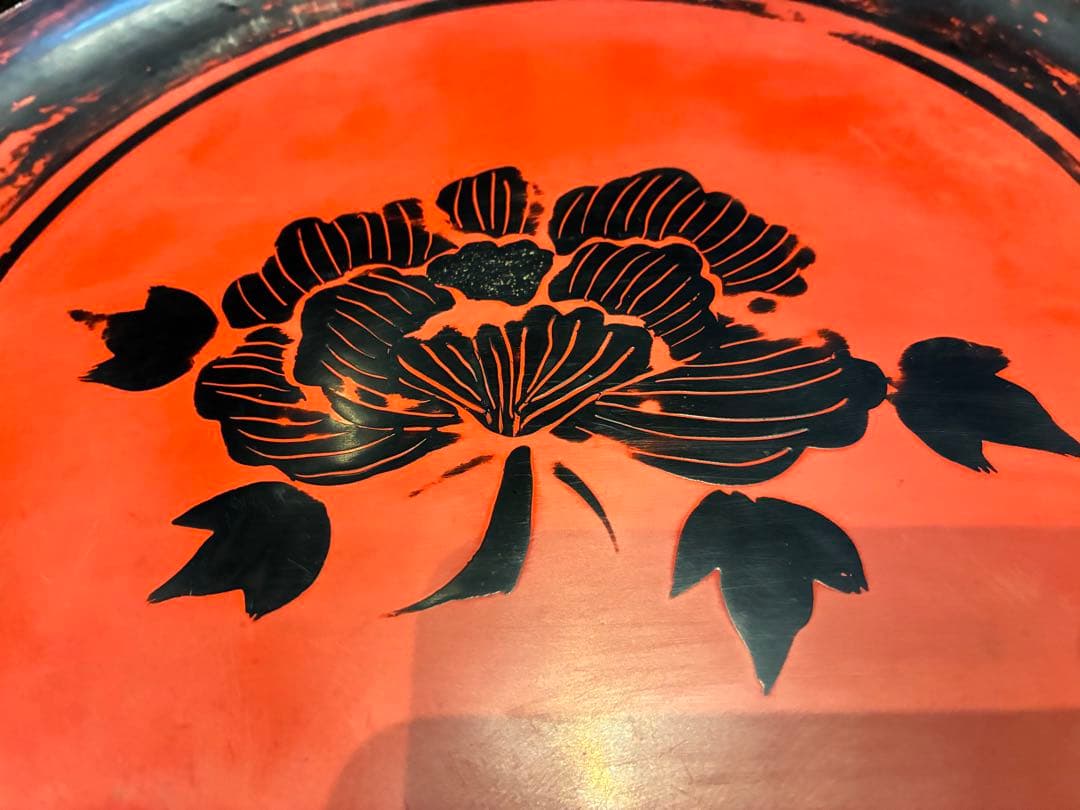 浄法寺塗　花文様　刳り貫き　足付き丸盆　丸膳　明治　木製