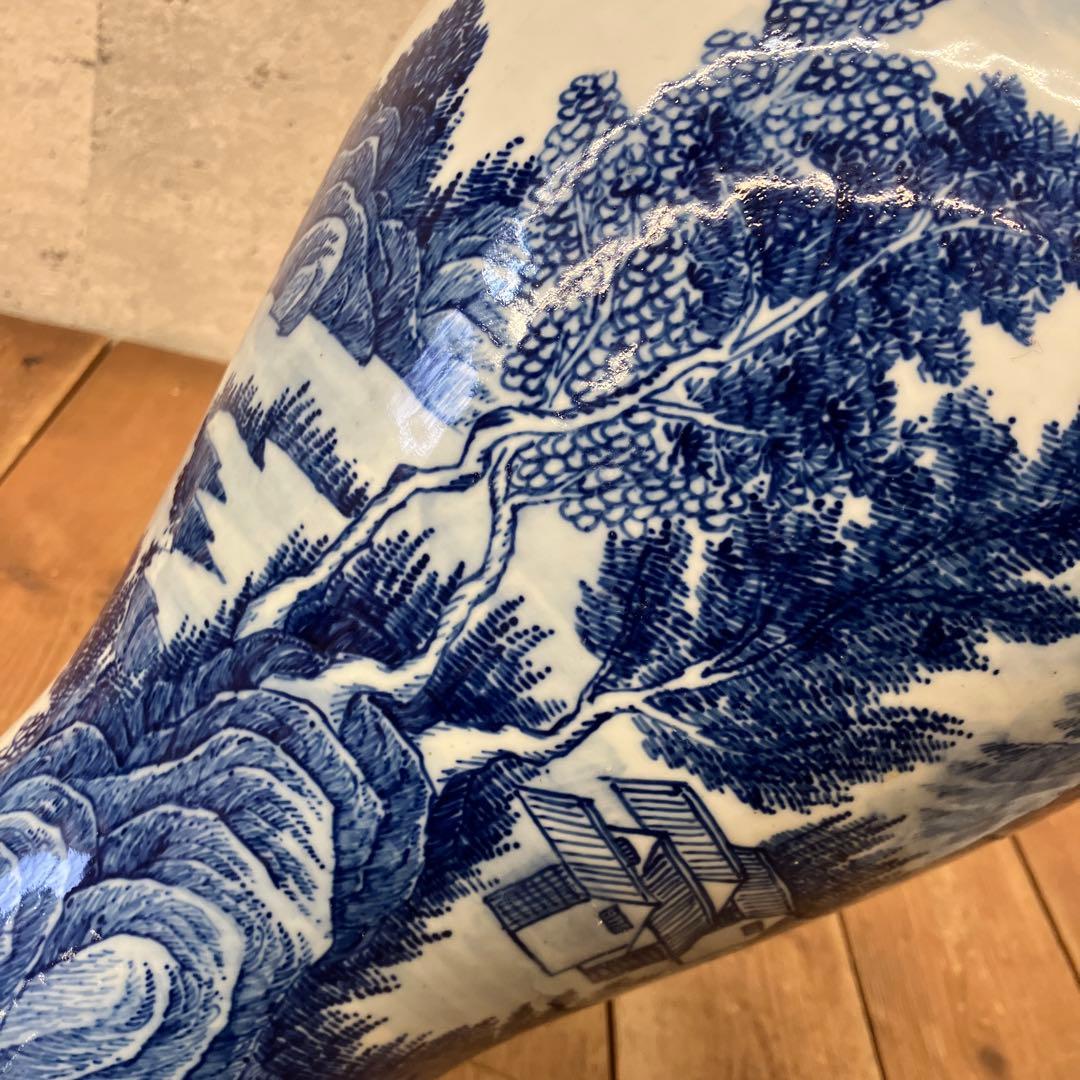 昭和レトロ 中国美術 大清康照年製 陶器製 染付 山水図 花瓶 壺 飾り壺 花器