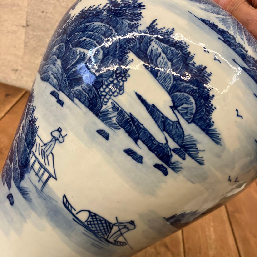 昭和レトロ 中国美術 大清康照年製 陶器製 染付 山水図 花瓶 壺 飾り壺 花器
