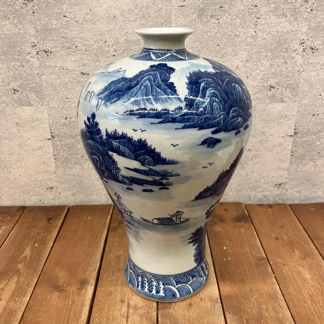 昭和レトロ 中国美術 大清康照年製 陶器製 染付 山水図 花瓶 壺 飾り壺 花器