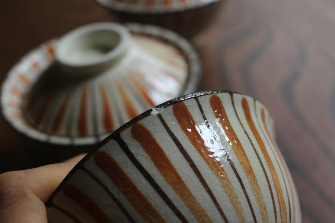 1点極小保管傷有！民芸の味わいある麦藁手の美しいお碗3点（検瀬戸焼木賊文白洲正子