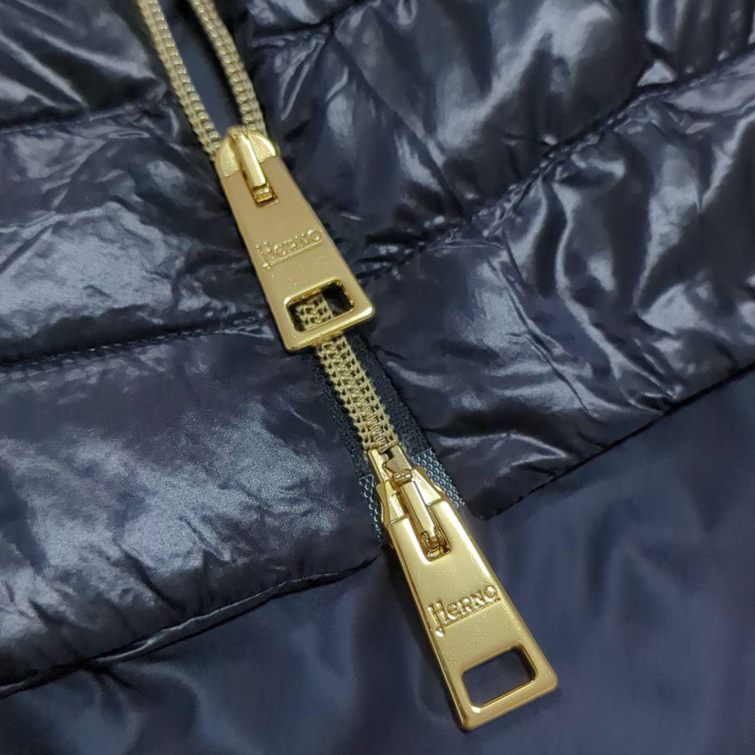 極美品 HERNO 46 大きいサイズ 半袖 ダウンベスト 異素材切替 紺
