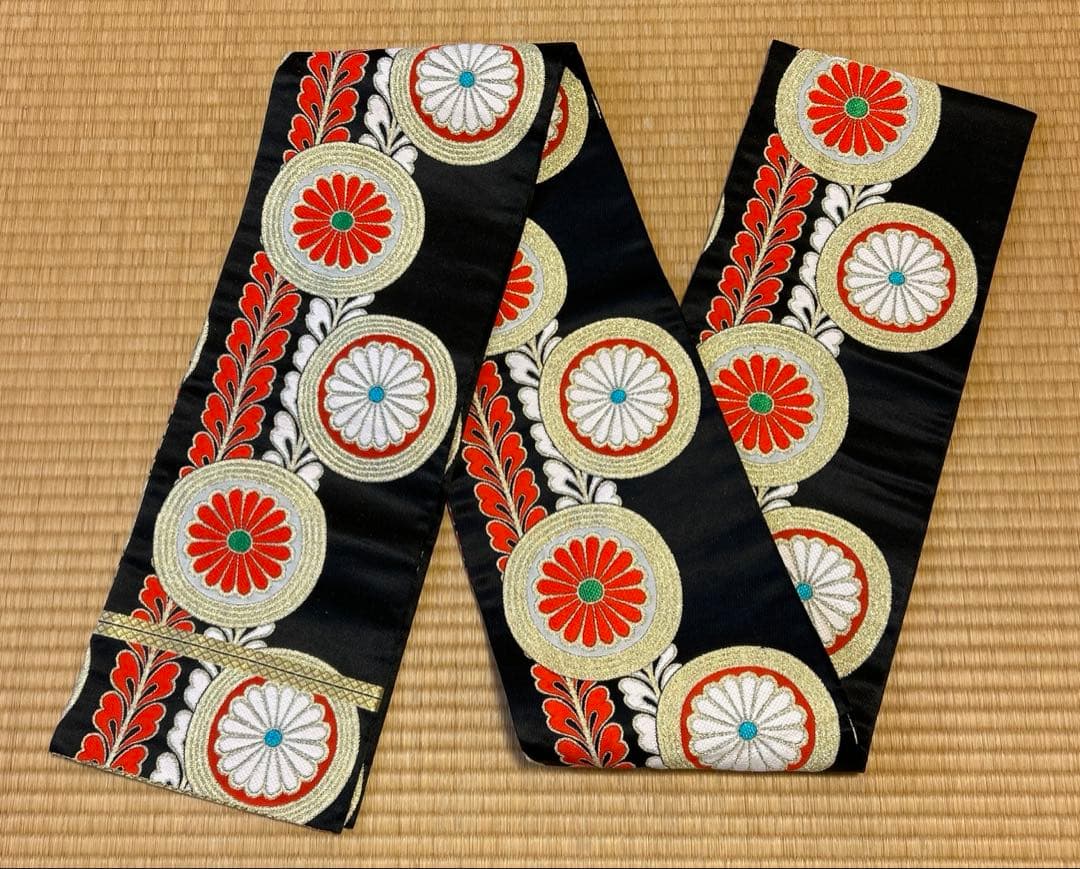 七五三　結び帯　帯　両面柄　赤　7歳　七歳　豪華両面柄入り　丸紋　藤