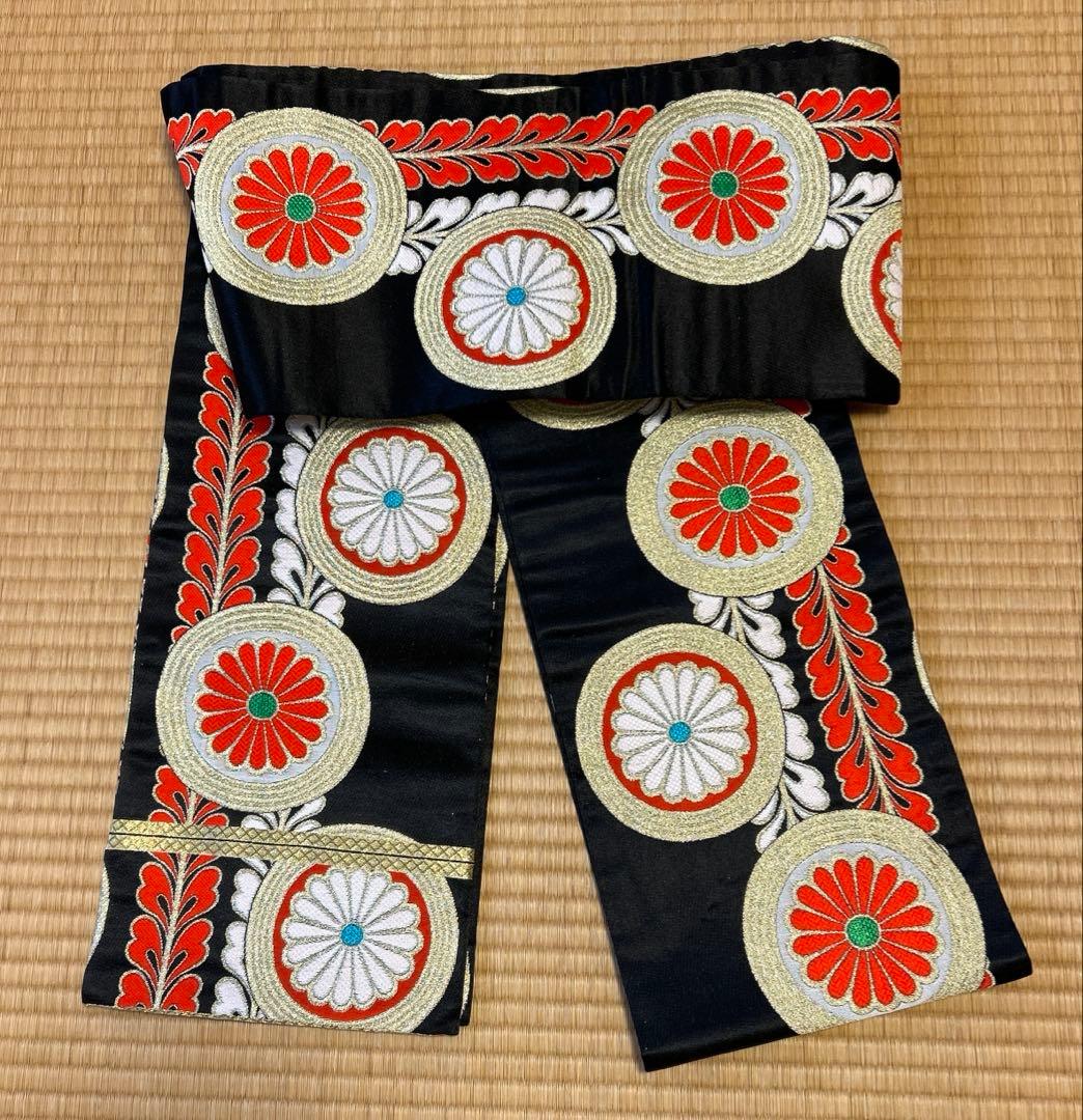 七五三　結び帯　帯　両面柄　赤　7歳　七歳　豪華両面柄入り　丸紋　藤