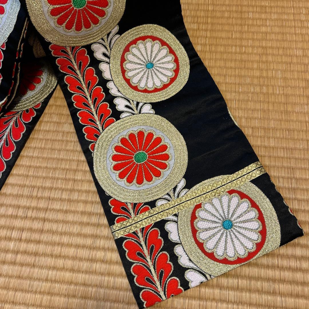 七五三　結び帯　帯　両面柄　赤　7歳　七歳　豪華両面柄入り　丸紋　藤