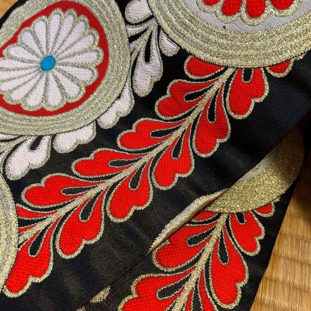 七五三　結び帯　帯　両面柄　赤　7歳　七歳　豪華両面柄入り　丸紋　藤