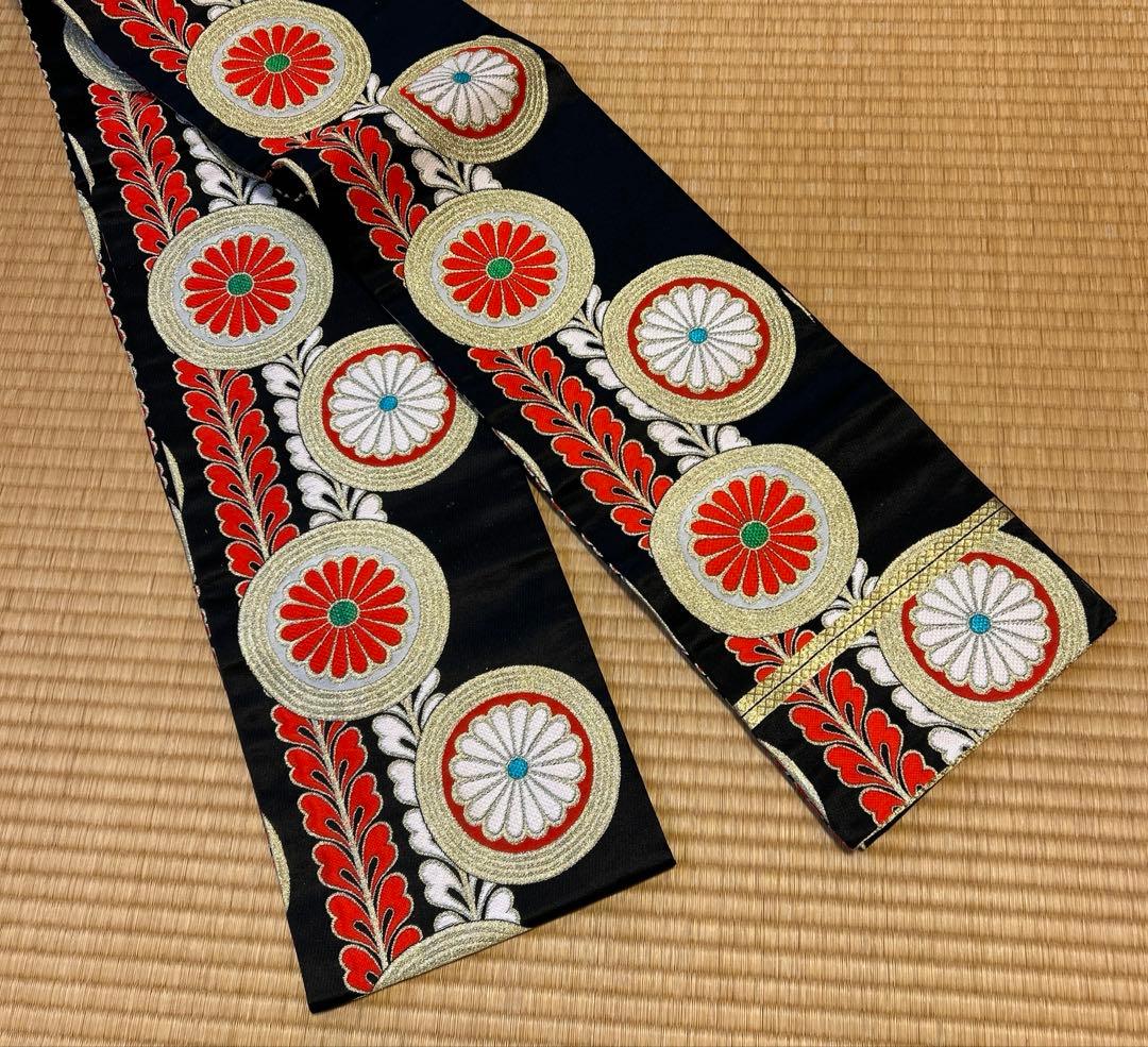 七五三　結び帯　帯　両面柄　赤　7歳　七歳　豪華両面柄入り　丸紋　藤